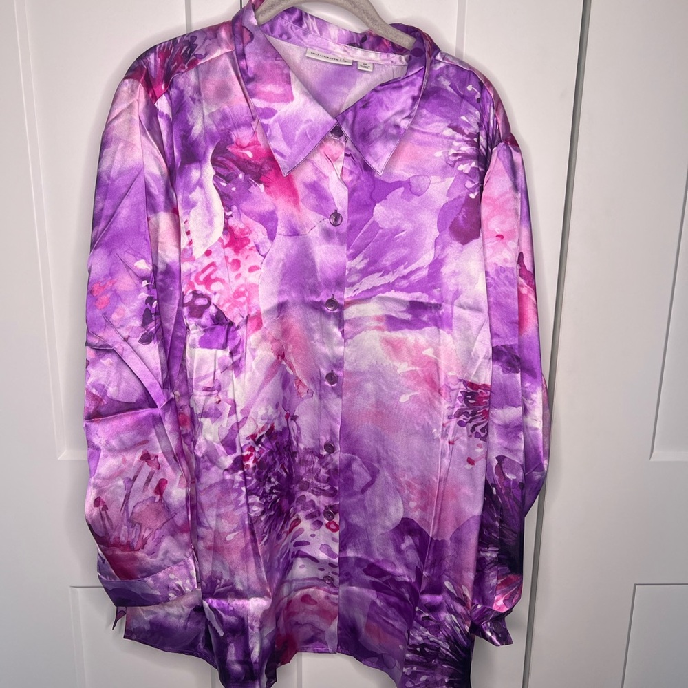 Susan Graver NWOT Purple Pink Floral Satin Button Down Blouse Plus Size 2X